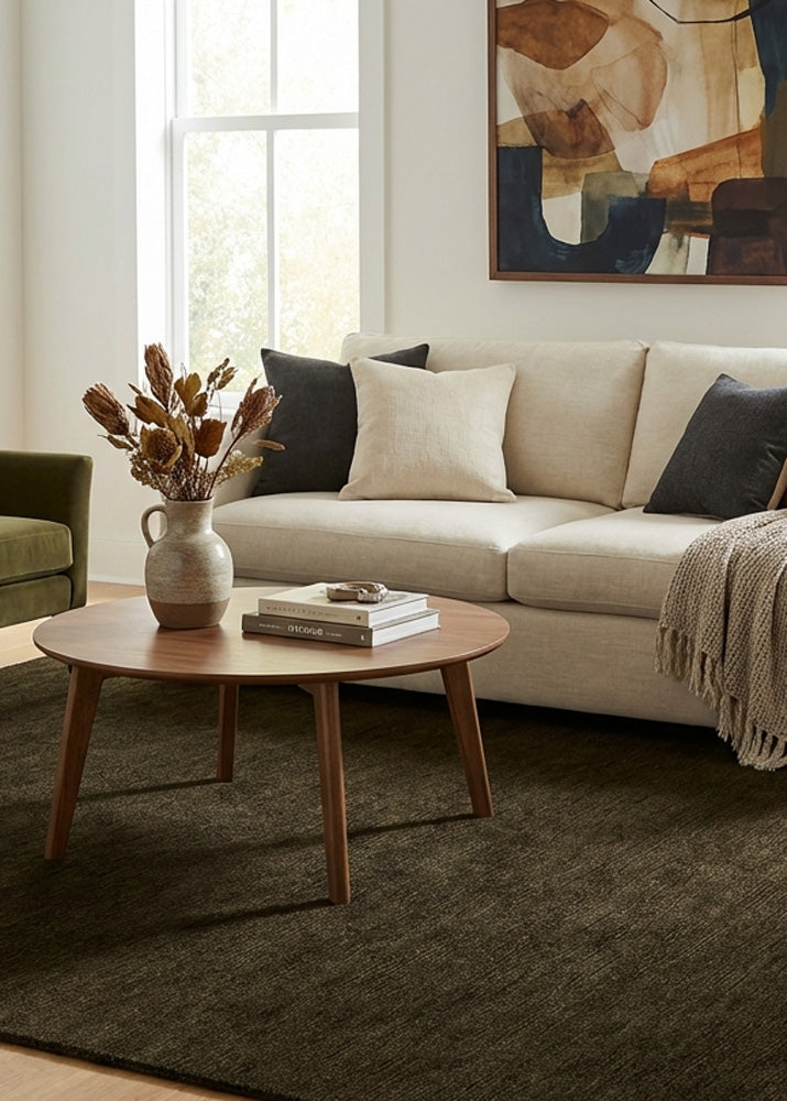 Hand tufted army green wool rug in living room