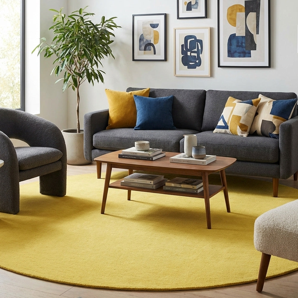 Lemon yellow round wool rug in modern living room