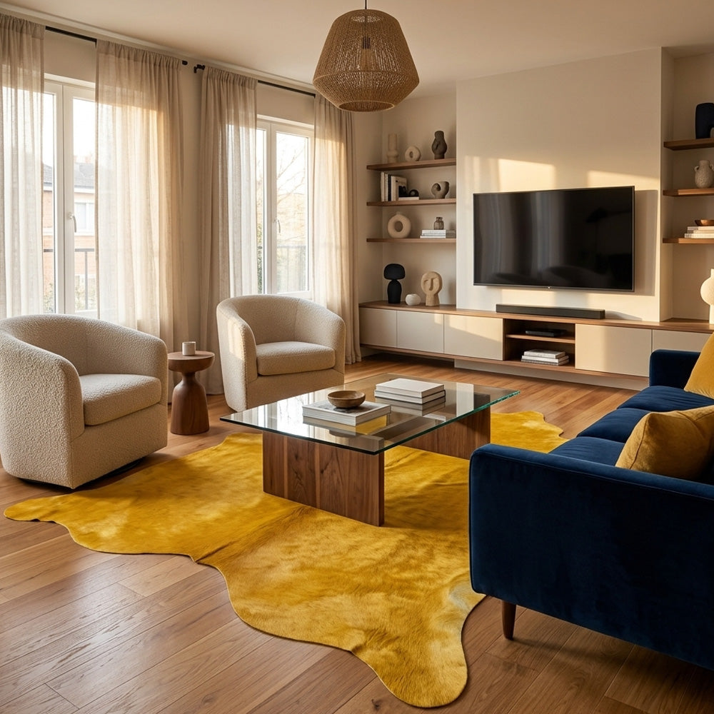 yellow cowhide rug in the living room