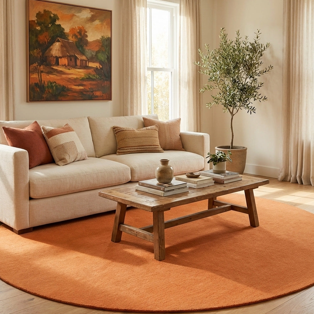 Orange round wool rug in classic living room