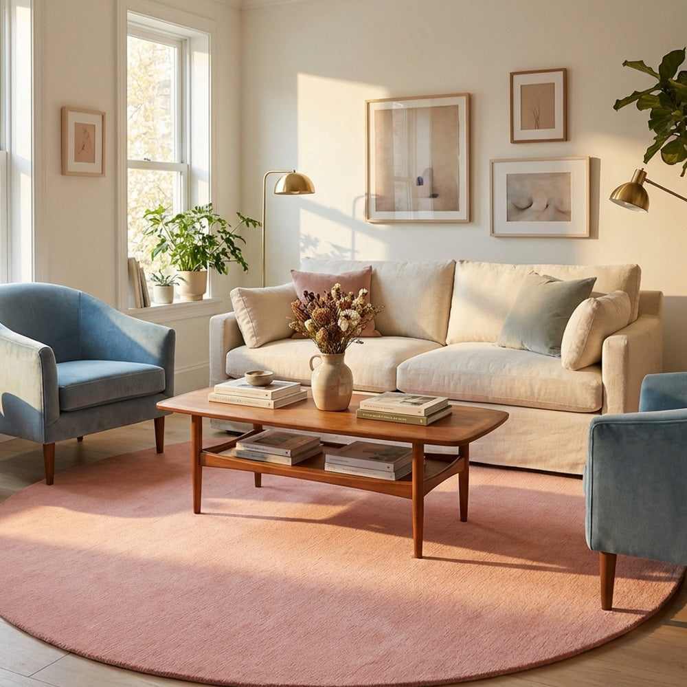 Baby pink round wool rug in modern living room