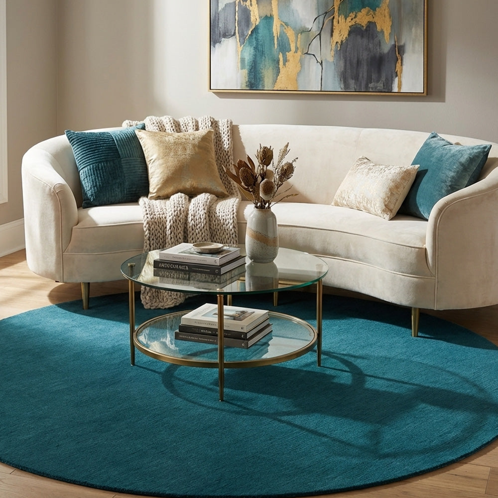 blue round wool rug in living room