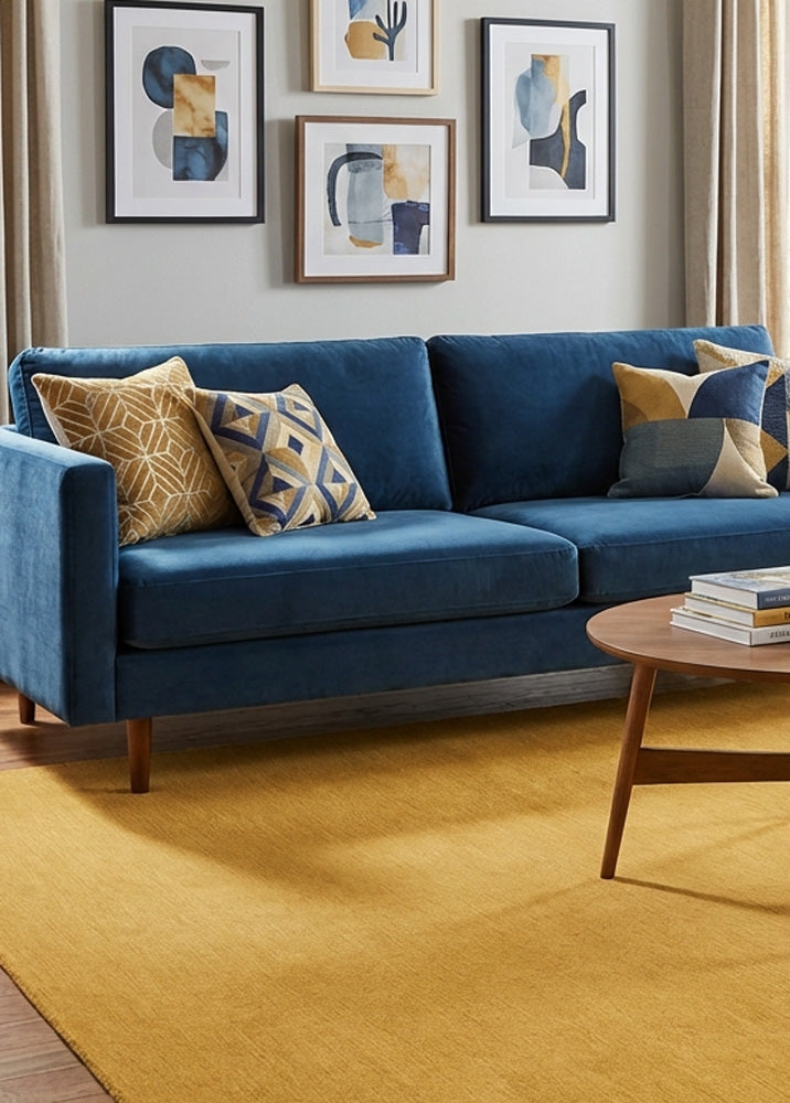 Marigold yellow wool rug in modern living room