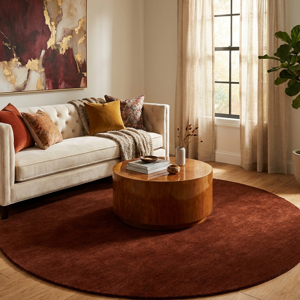 Red round wool rug in modern living rug