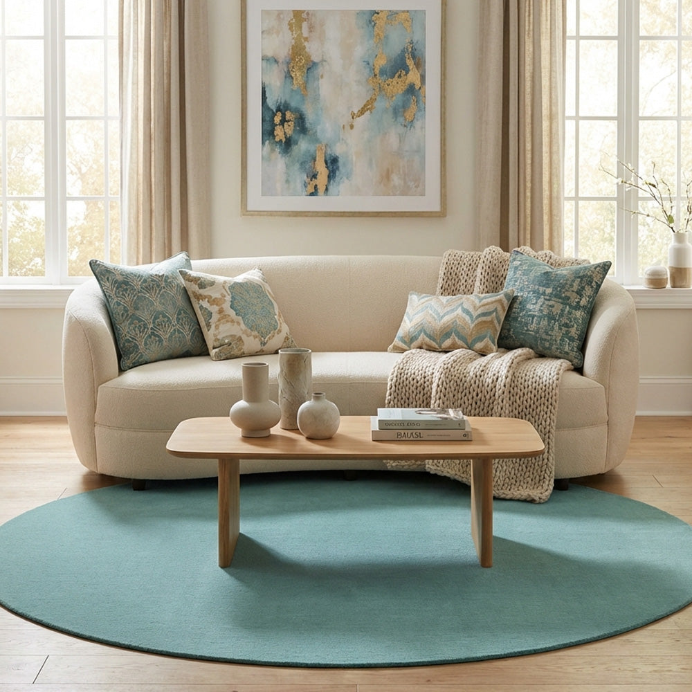Sky blue round wool rug in modern living room