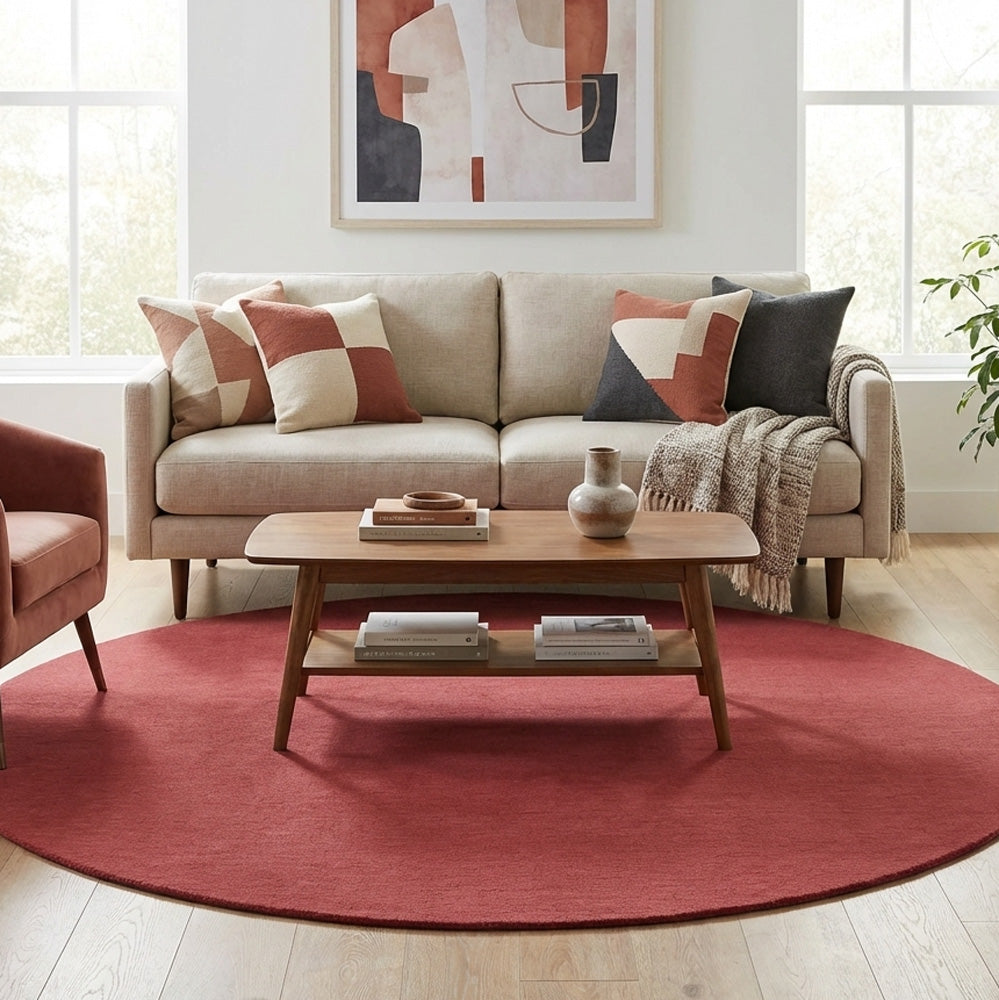 Brick round wool rug in living room