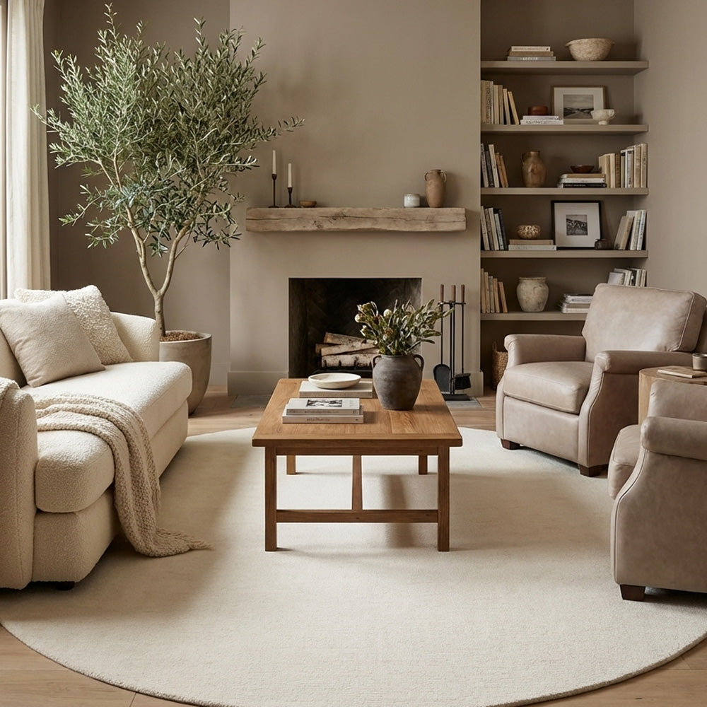Hand tufted white round wool rug in classic style living room