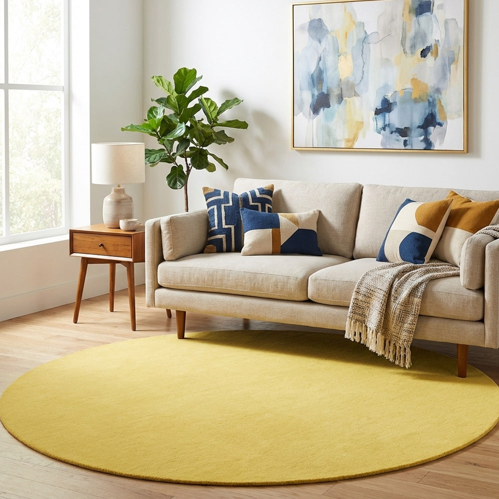 Yellow round wool rug in modern living room