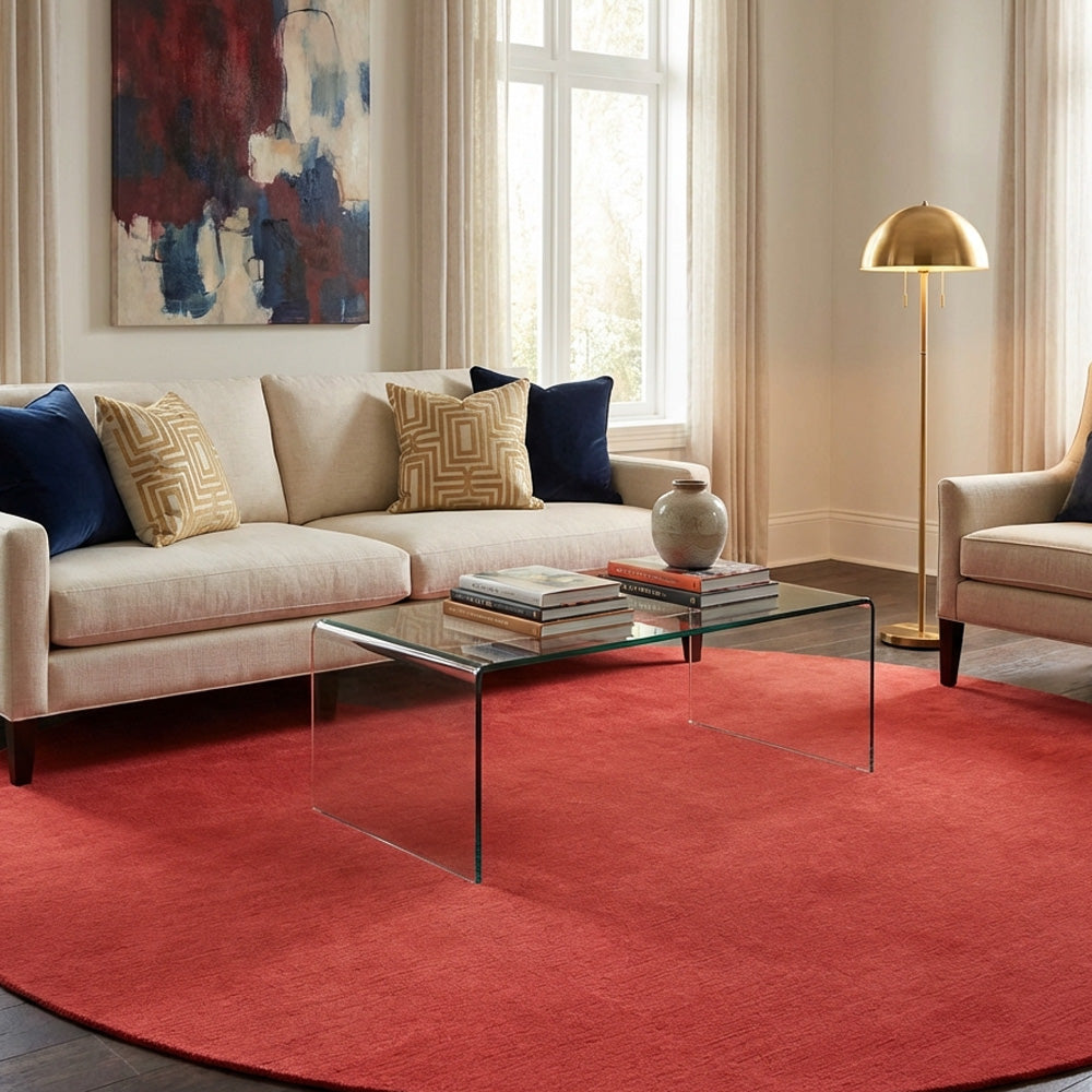 Red round wool rug in modern living room