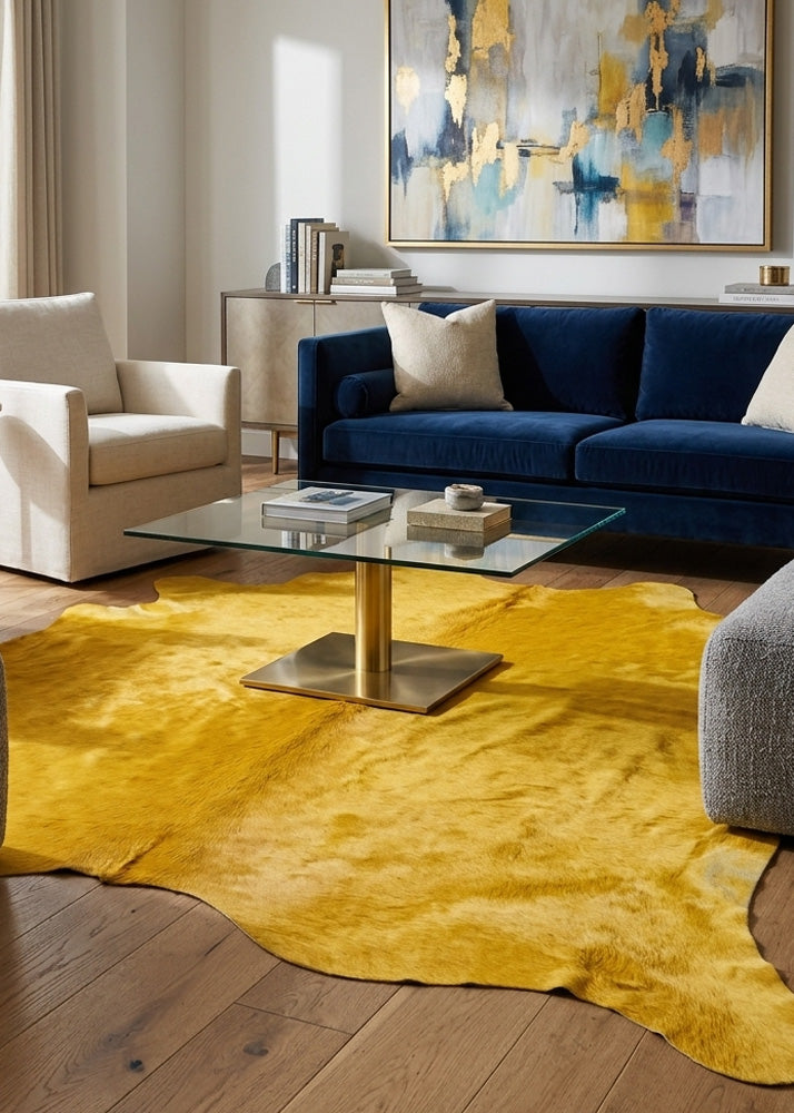 Yellow cowhide rug overdyed