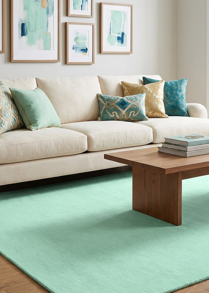 Mint green wool rug in modern living room
