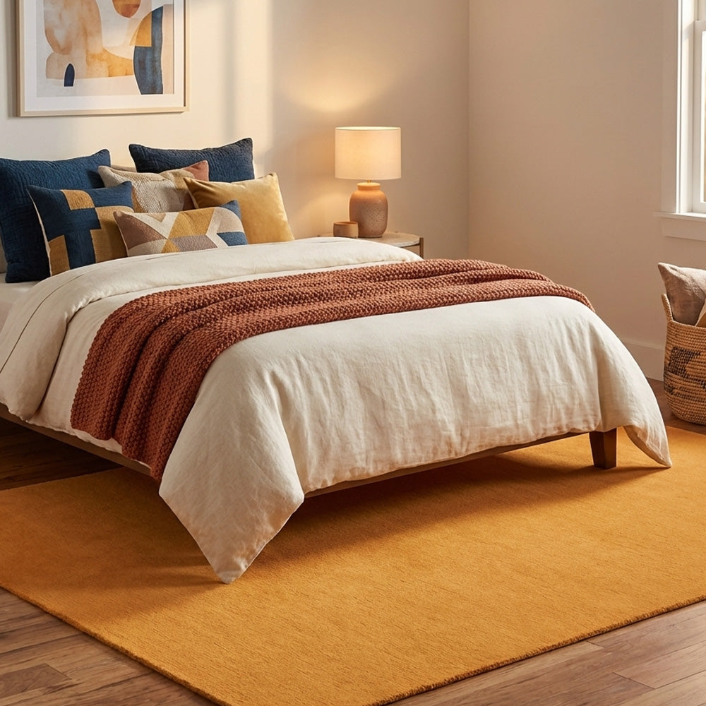 orange wool rug in bedroom