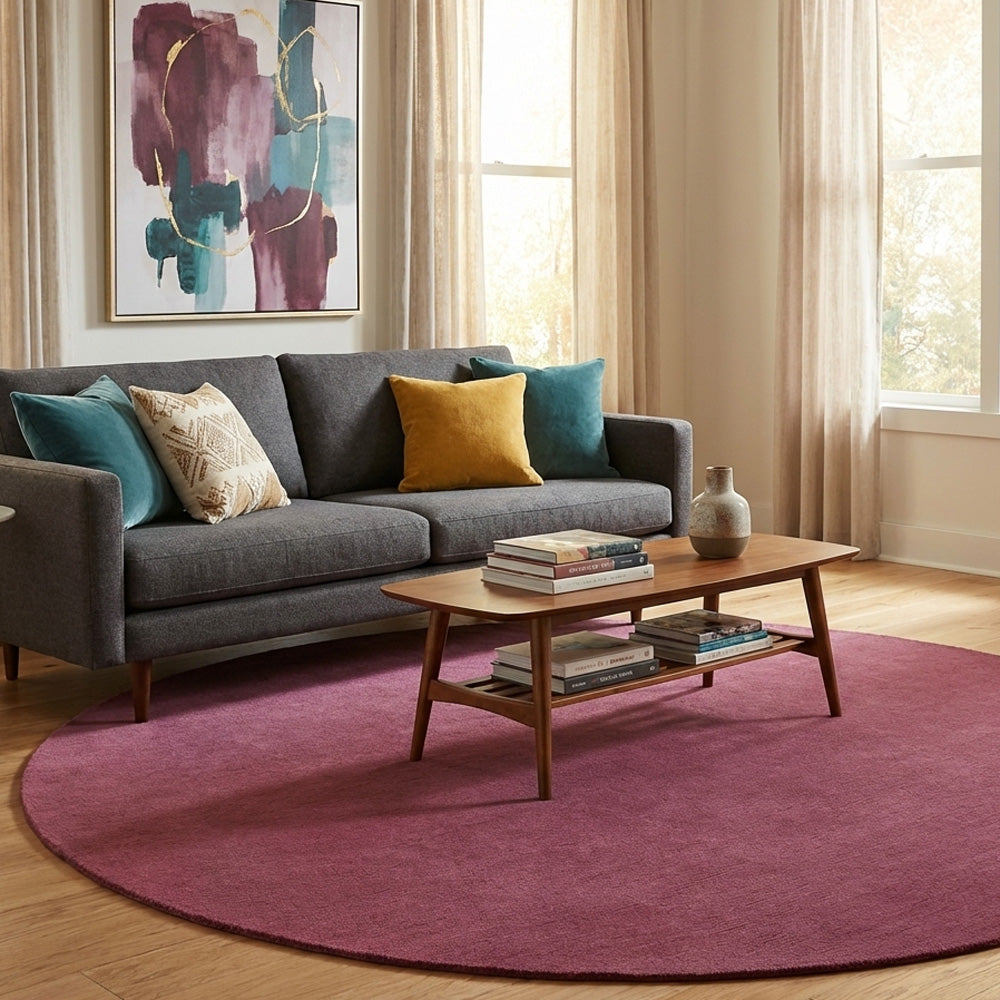 Hand tufted light purple round wool rug in modern living room