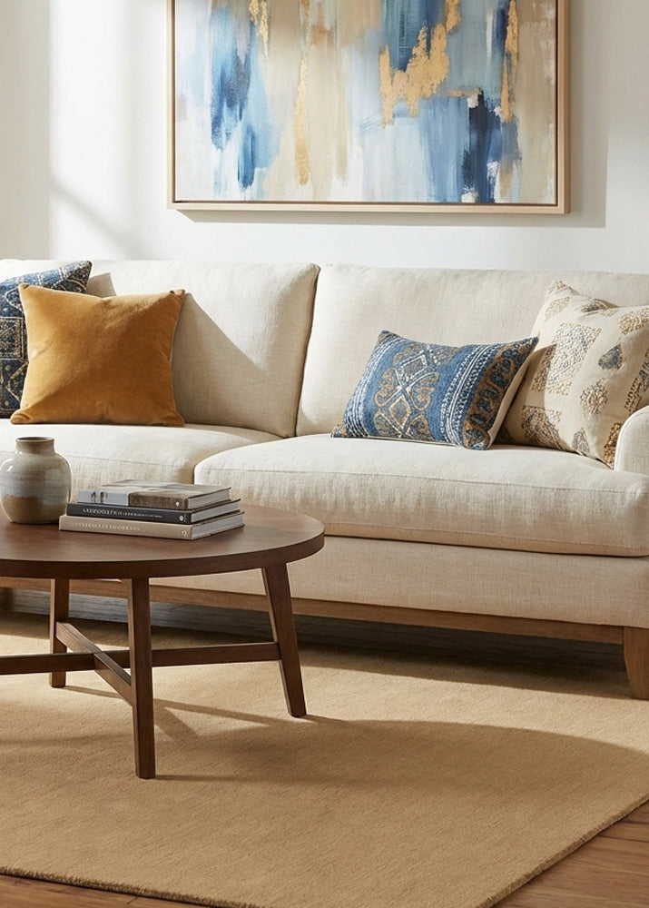Hand tufted light beige wool rug in living room
