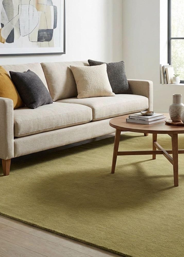 Olive green wool rug in living room