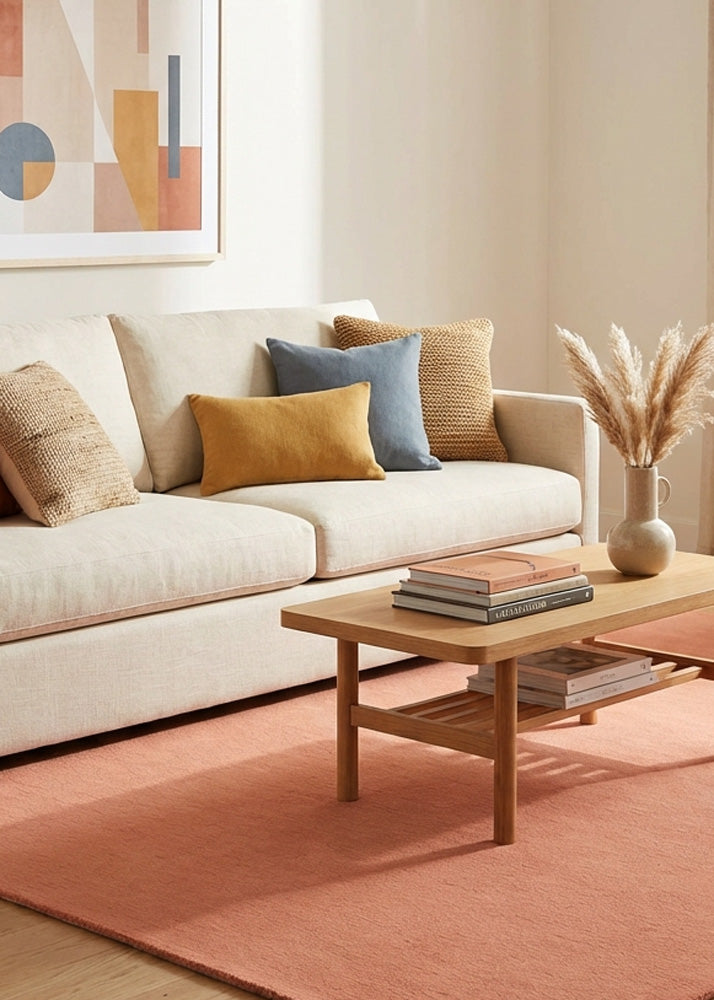 Hand tufted pink wool rug in modern living room