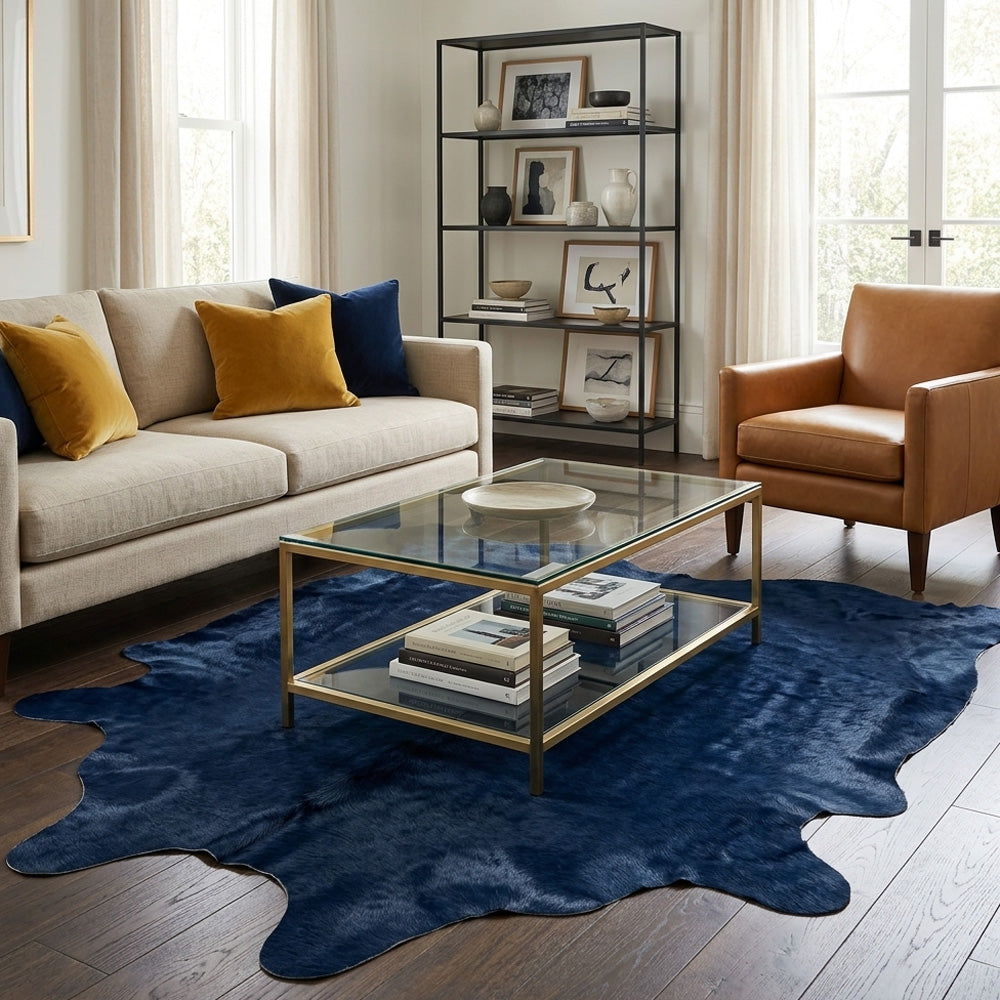 navy blue cowhide rug in the modern living room