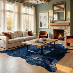 navy blue cowhide rug in the living room