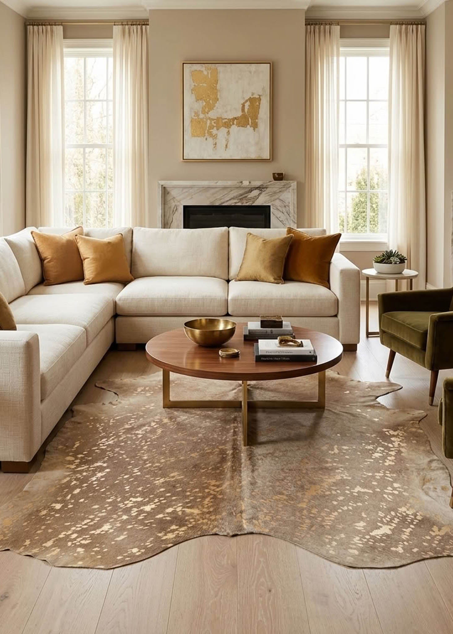 gold acid washed cowhide rug in living room