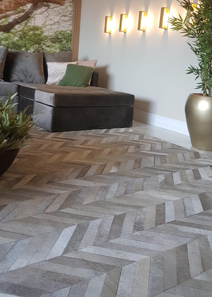 grey cowhide patchwork rug contemporary design