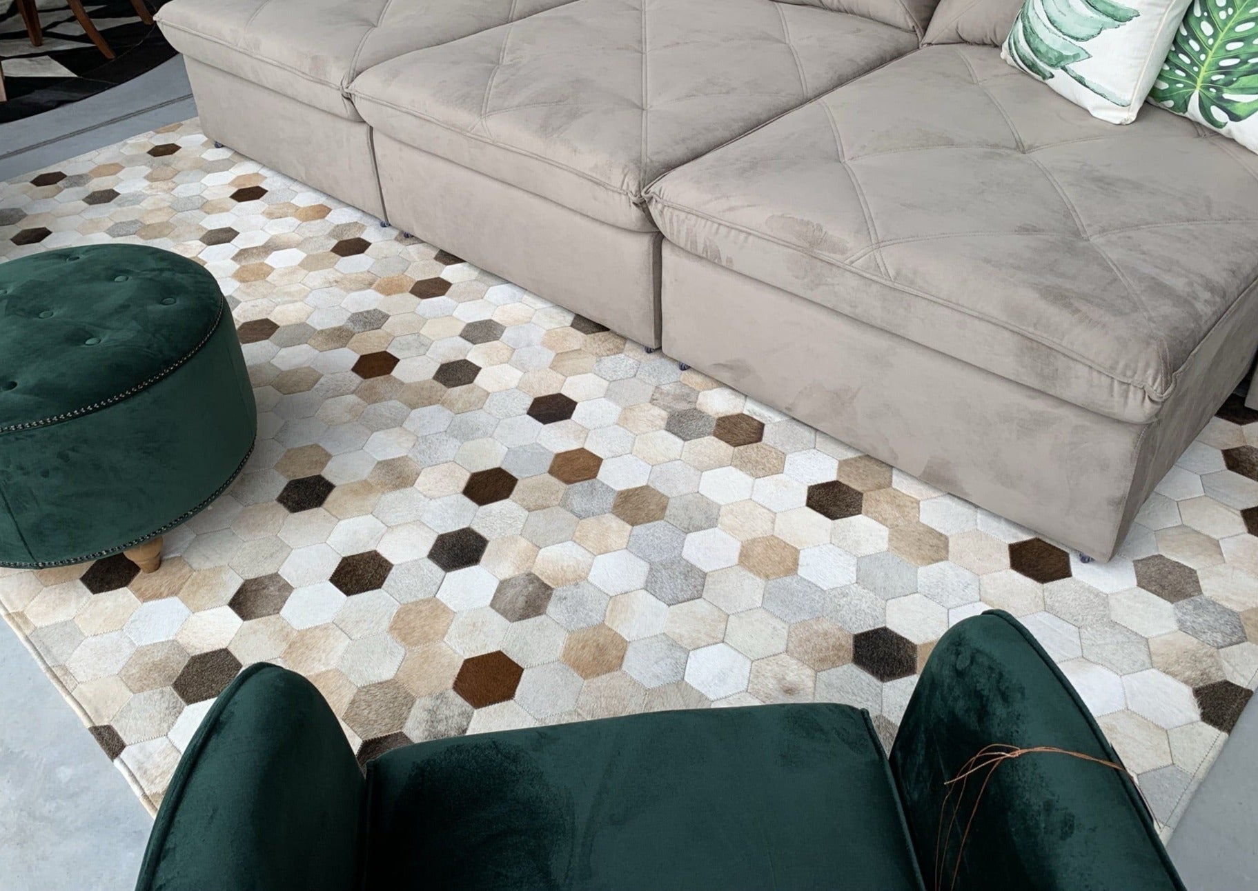 Dark Beige White Diamond Cowhide Patchwork Rug