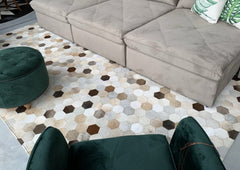 Dark Beige White Diamond Cowhide Patchwork Rug