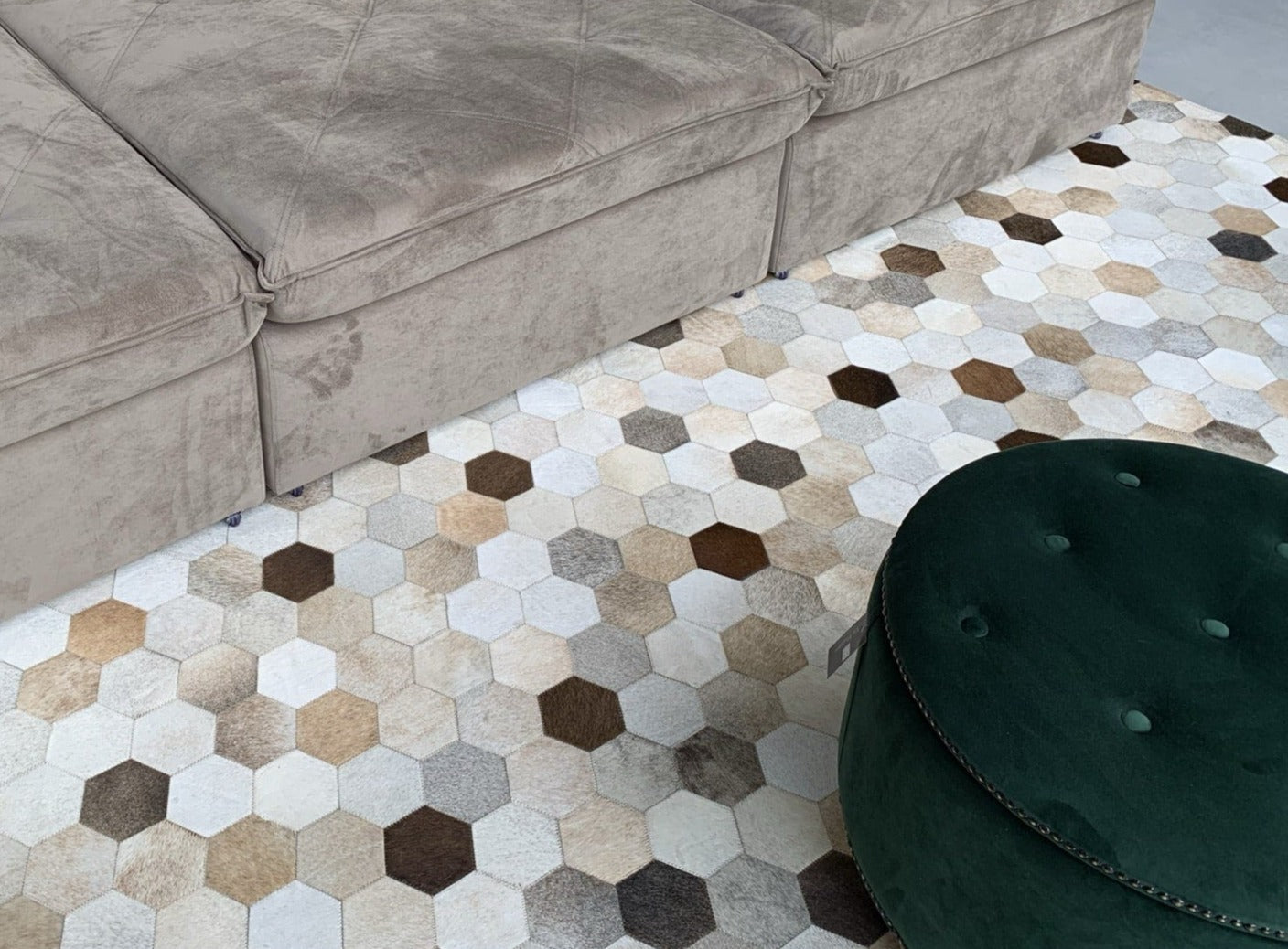 Dark Beige White Diamond Cowhide Patchwork Rug