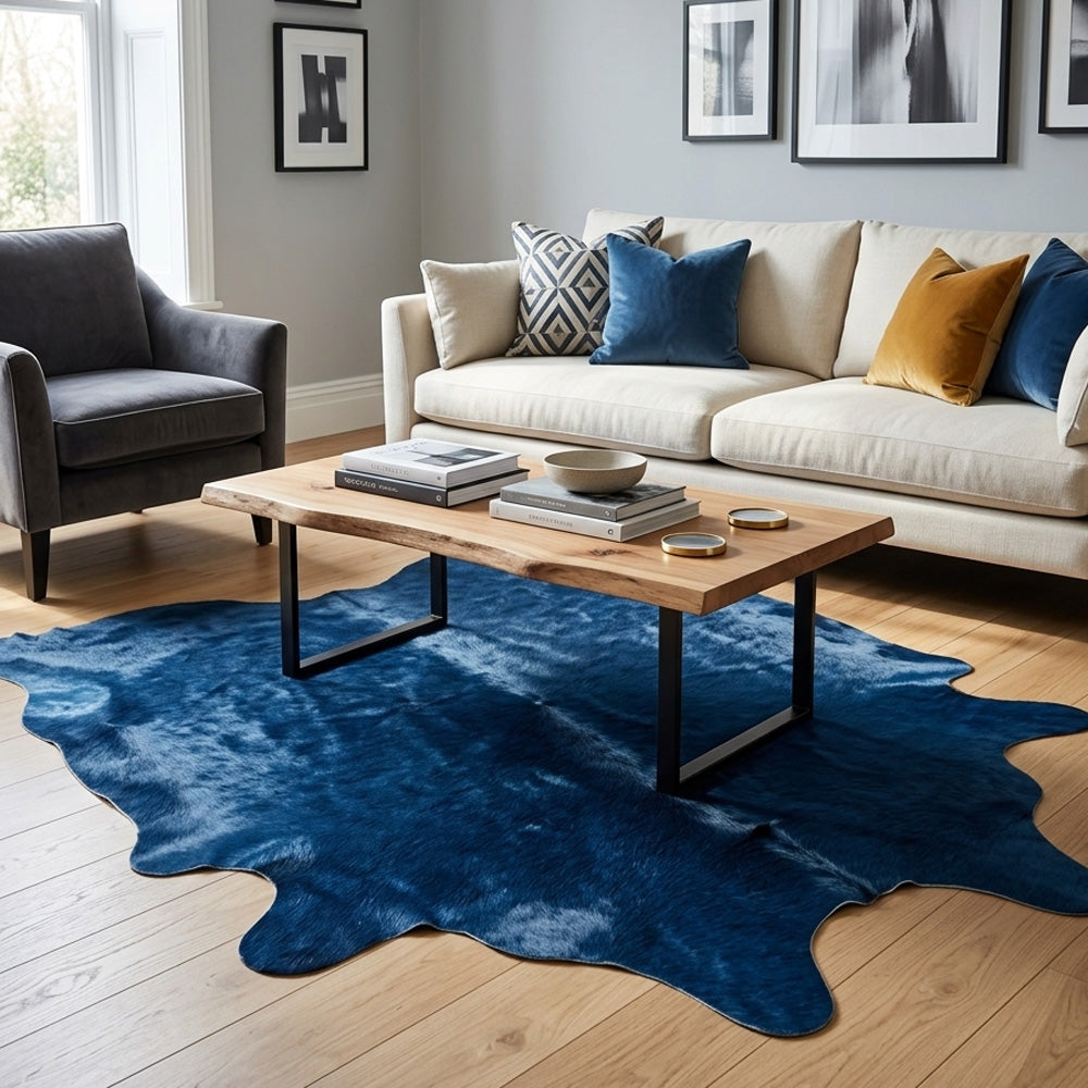 royal blue dyed cowhide rug in the living room