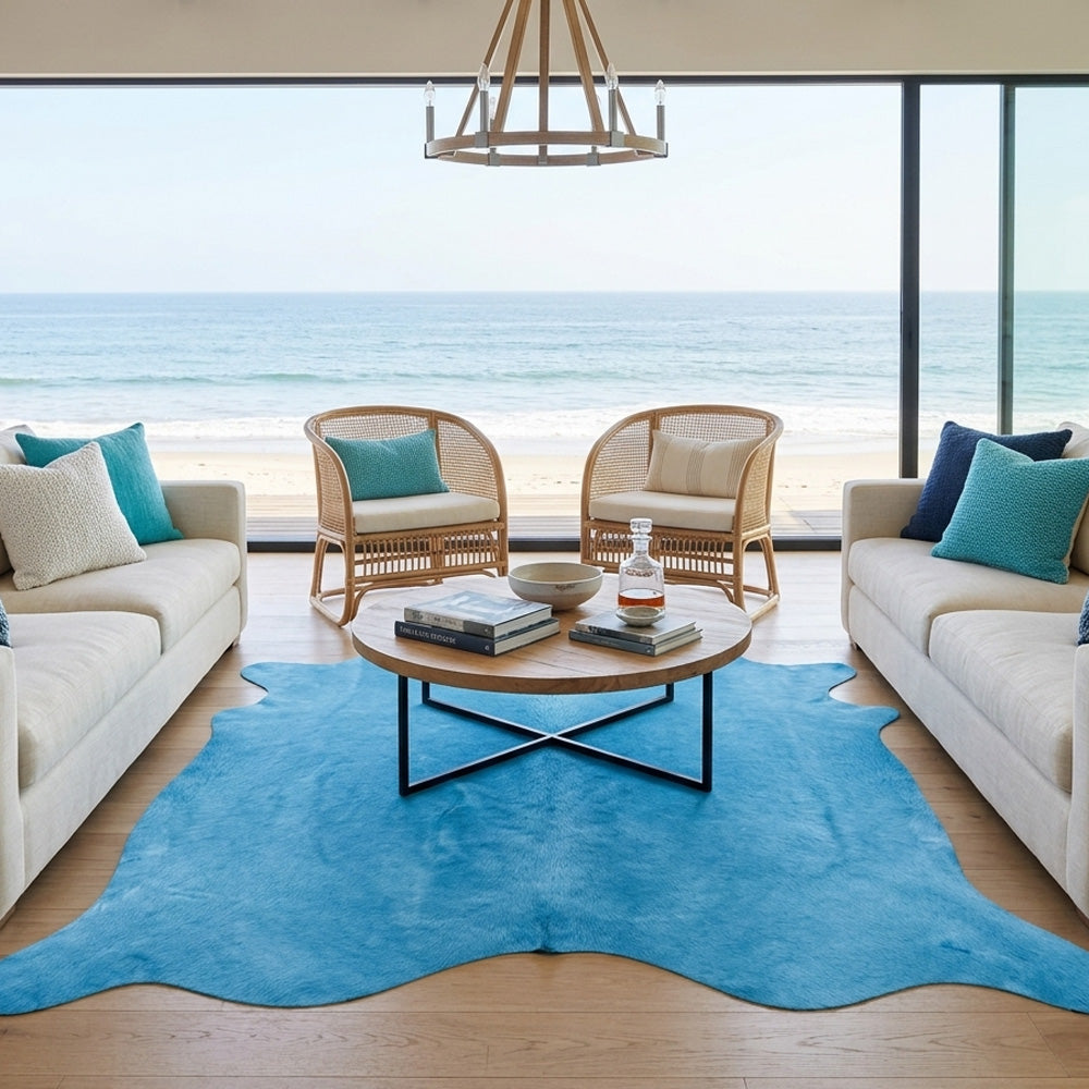 sea blue cowhide rug in modern open living room