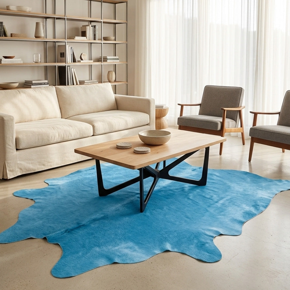 sea blue cowhide rug in the living room