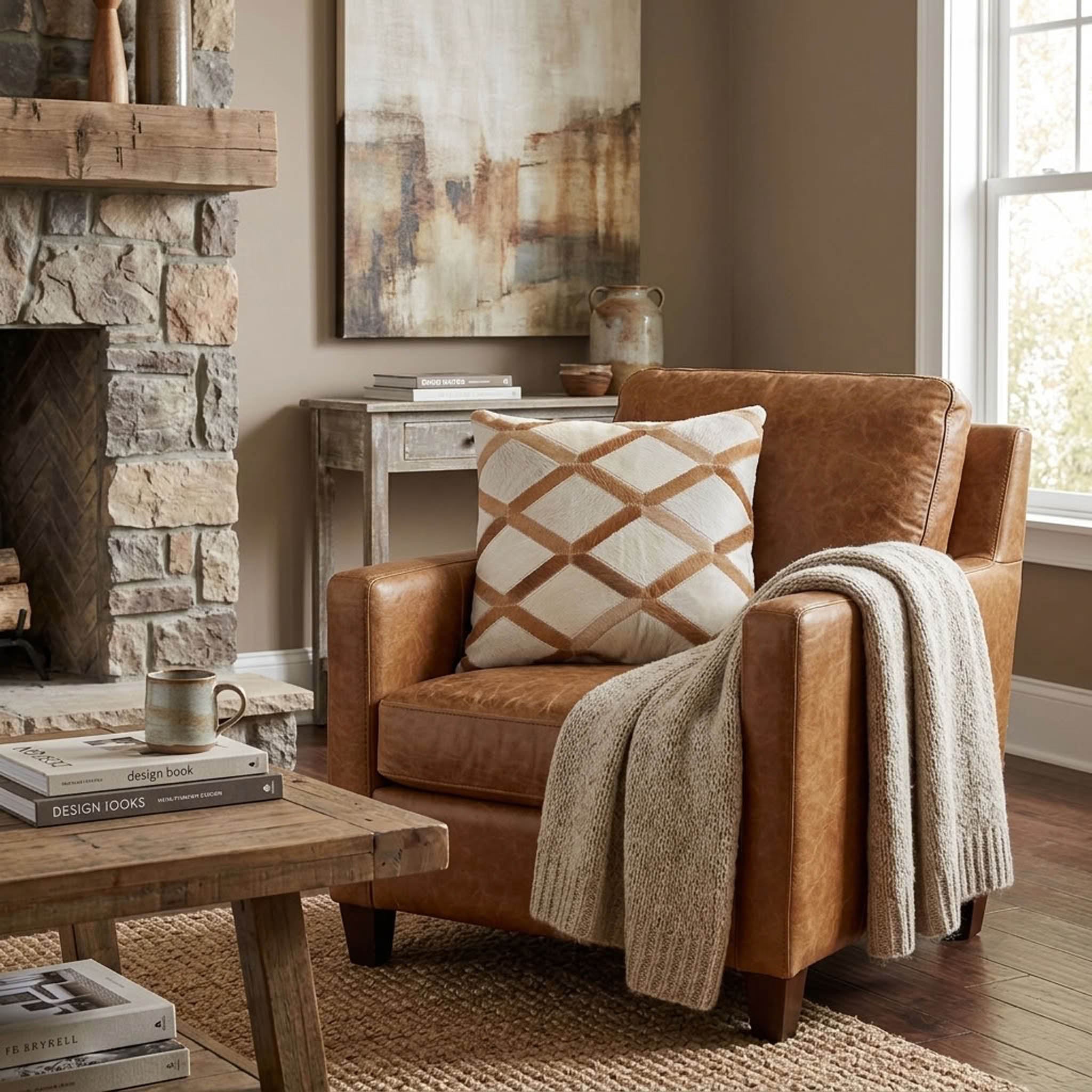 Tan and ivory cowhide patchwork cushion with lattice design styled on a tan leather armchair