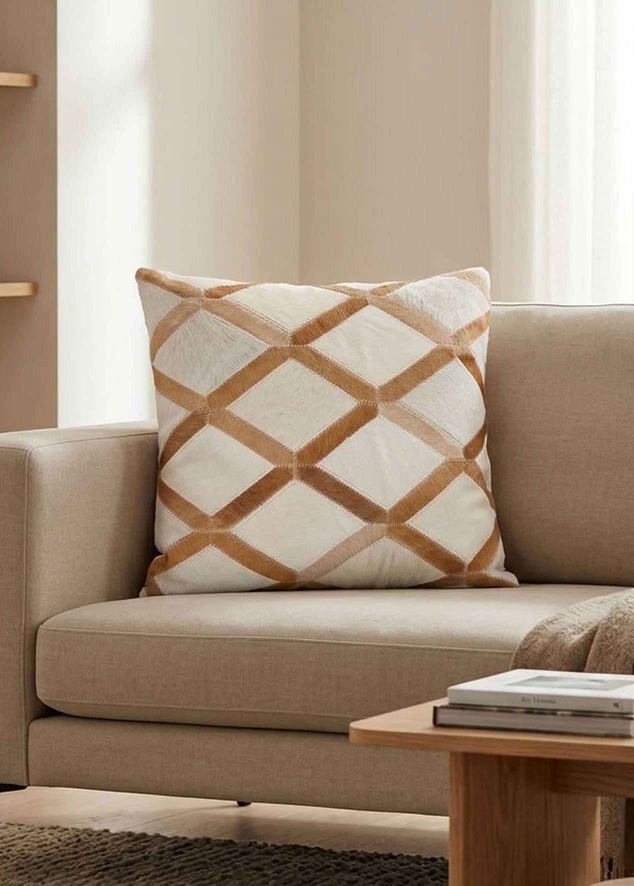 Tan and ivory lattice cowhide cushion styled on a beige sofa in a modern neutral interior