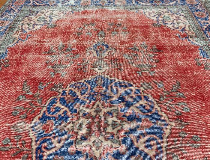 Vintage Hand-Knotted Distressed Turkish Rug