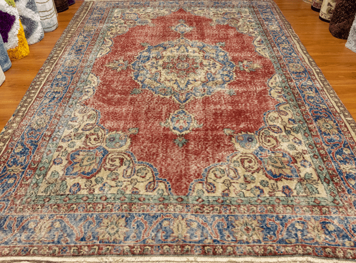 Vintage Hand-Knotted Distressed Turkish Rug