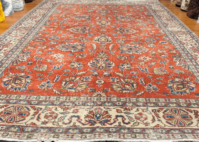 Vintage Hand-Knotted Distressed Turkish Rug