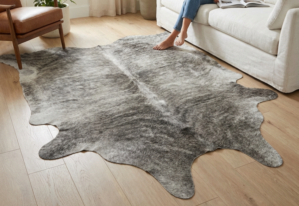 Australian cowhide rug lying flat on timber floor in modern living room