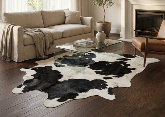 Black and white cowhide rug in modern Australian living room
