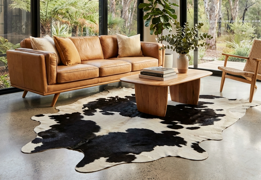 Brazilian cow skin rug in modern Australian living room