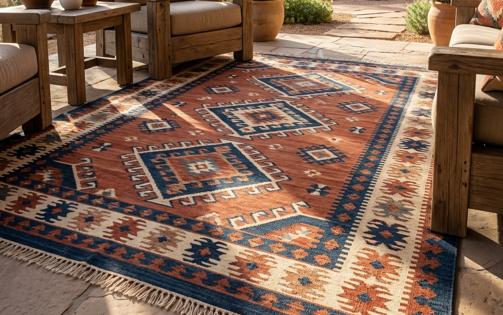 Layered handwoven kilim rugs Australian home