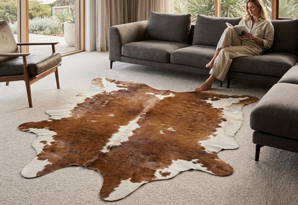 cowhide on carpet in modern Australian living room