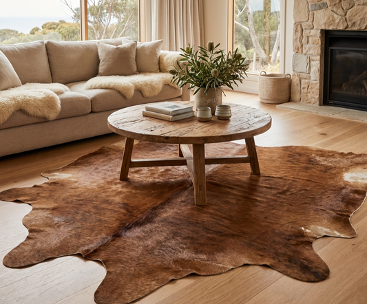 brown cowhide rug in modern living room in Australia