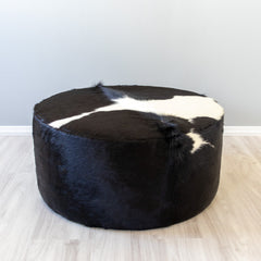 Round Cowhide Ottoman - Black & White