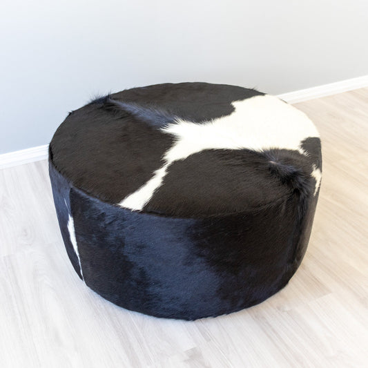 Round Cowhide Ottoman - Black & White