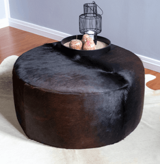 Round Cowhide Ottoman - Solid Black