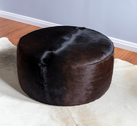 Round Cowhide Ottoman - Solid Black