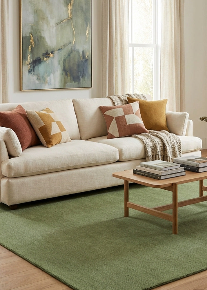 Pesto green wool rug in living room