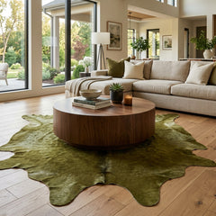 extra large olive green cow hide rug in living room