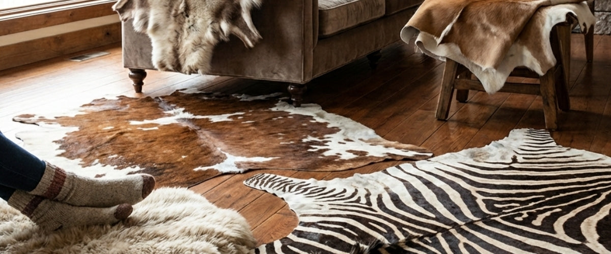 Premium animal hide rugs and skins including cowhide, calfskin, sheepskin, zebra and reindeer hides for Australian homes