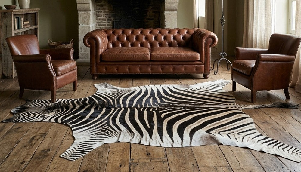 Real Burchell zebra skin hide in rustic Australian home décor