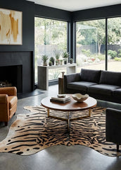 Tiger printed cowhide rug with genuine hair-on-hide texture